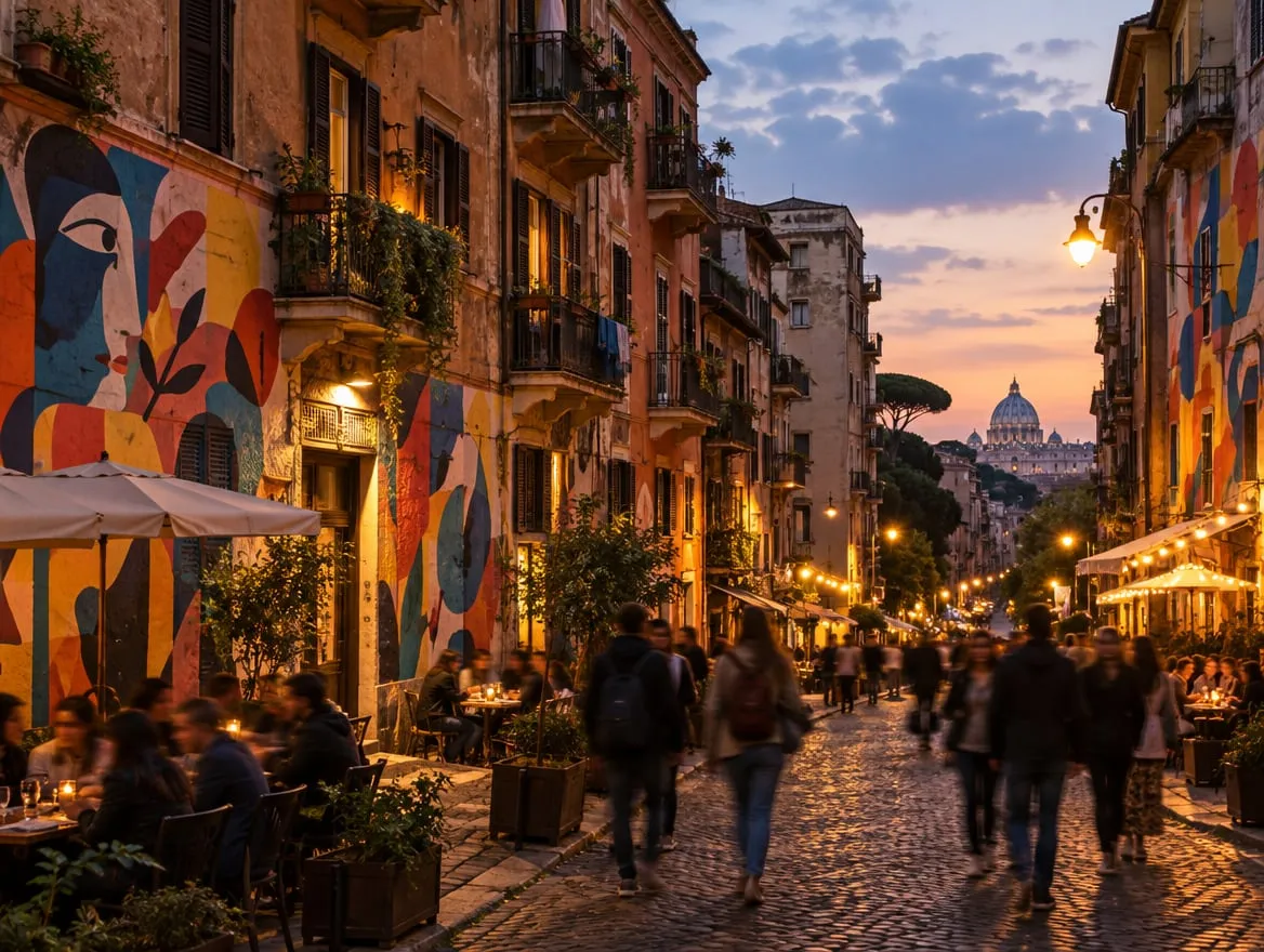 Una strada di un quartiere popolare di Roma la sera, con murales e tavoli all'aperto